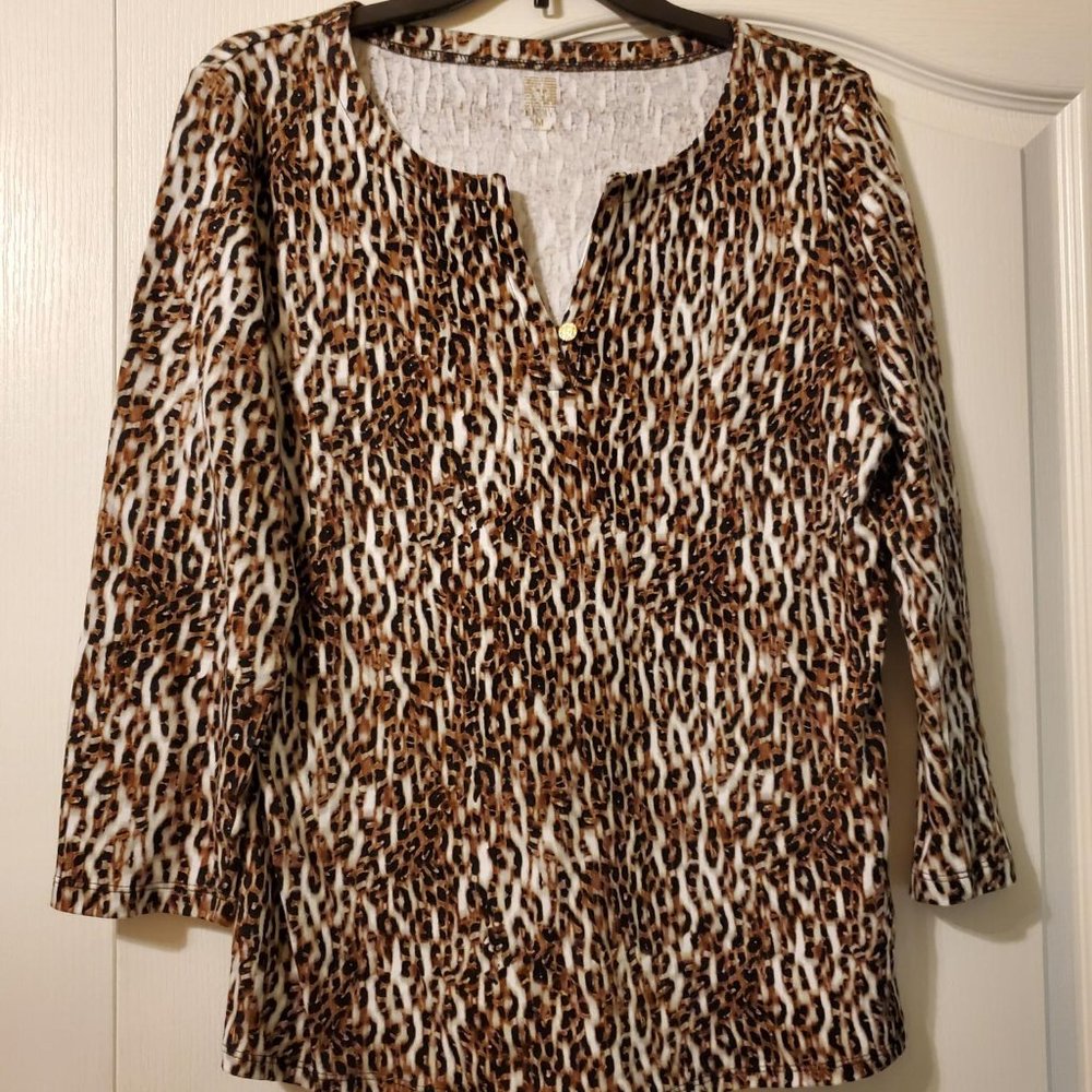 #427 Ann Klein Sport Animal Print Top Black/Brown Medium